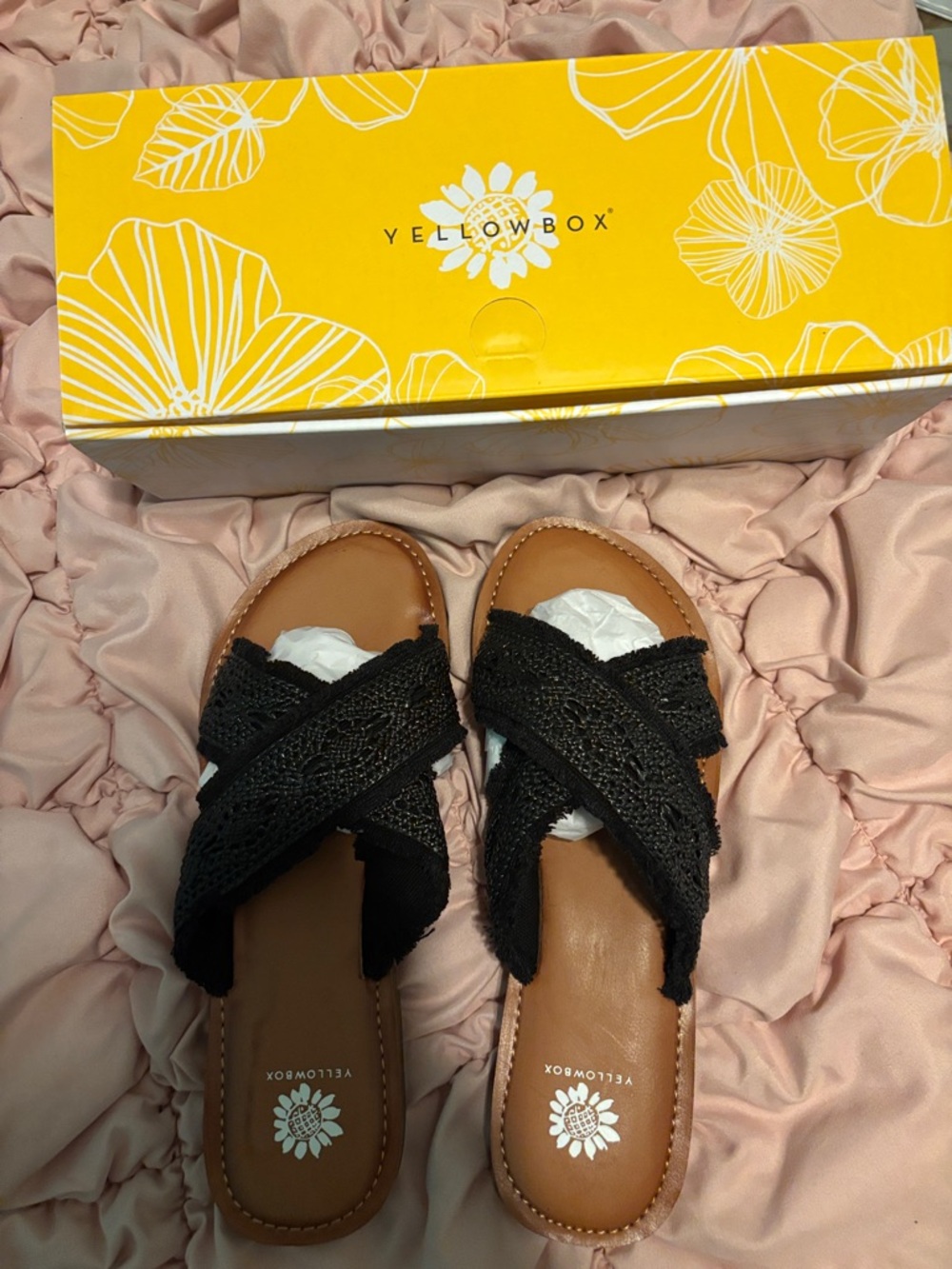 Yellow Box Black Crisscross Knit Slide Sandals